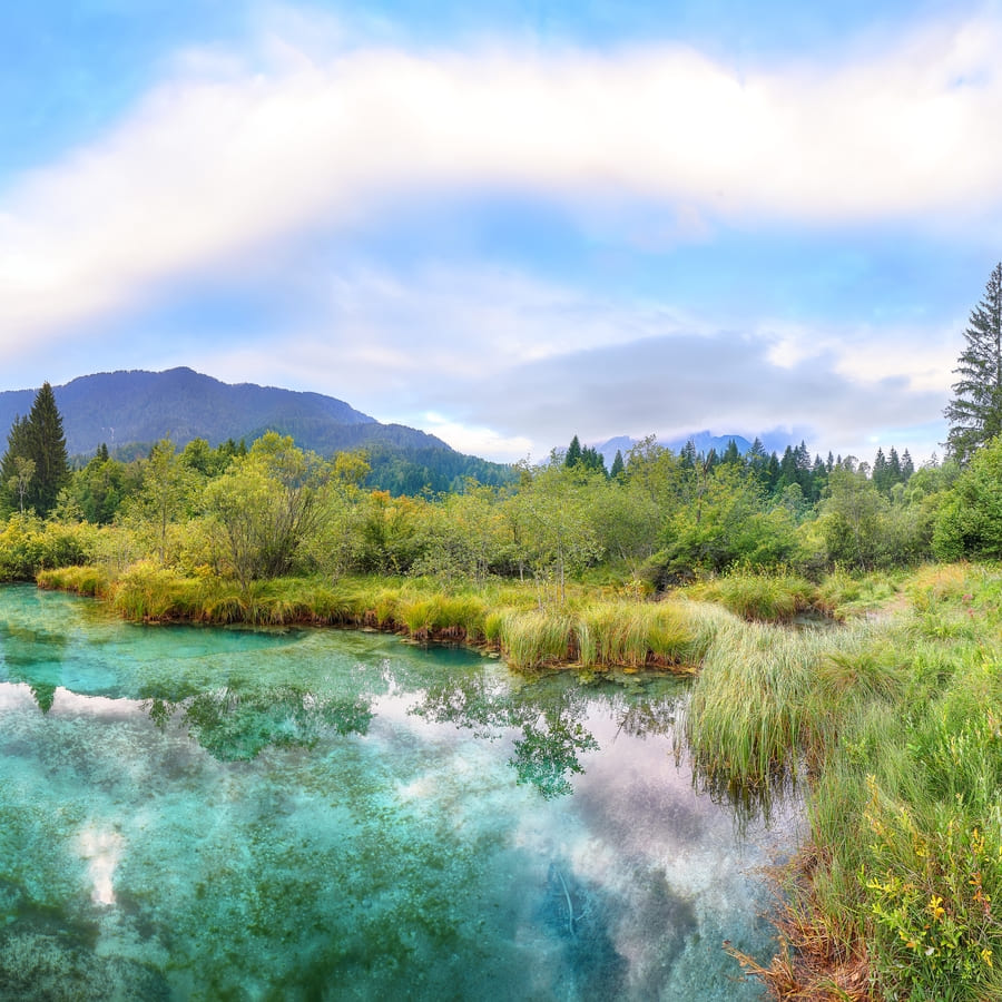 Paisaje natural de un lago de aguas ultra transparentes de tonos turquesa y verde, donde se refleja el cielo con nubes. Las orillas están rodeadas de densos pastizales, arbustos verdes y un bosque de pinos que da paso a montañas verdes bajo un cielo azul brillante